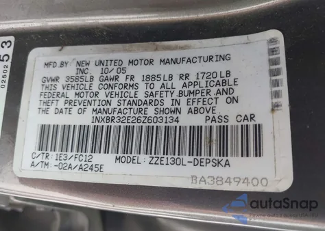 2006 Toyota Corolla S из США, поврежденный, VIN 1NXBR32E26Z603134